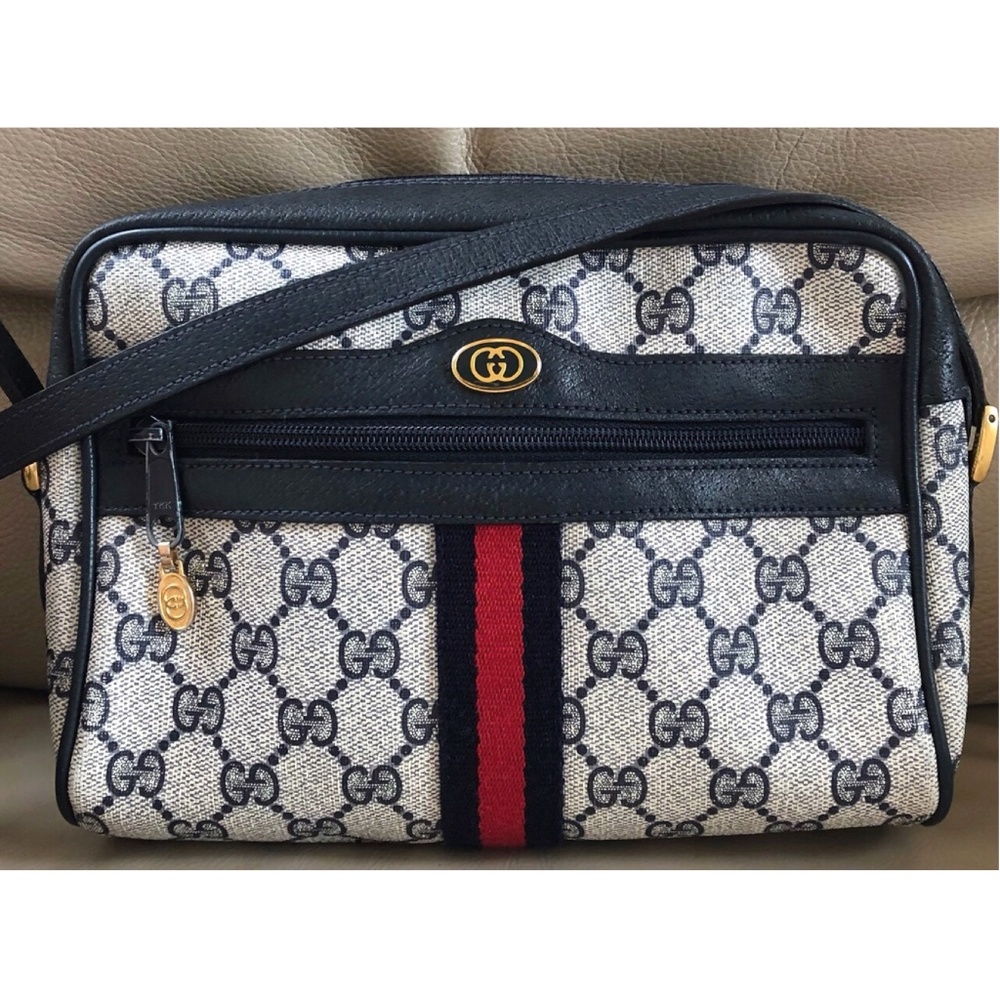 Authentic Vintage Gucci Web Ophidia Monogram Canvas Navy Leather Crossbody Bag